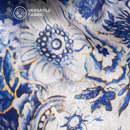 Blue And Off White Forest Pattern Digital Print Silk Satin Fabric