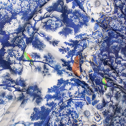 Blue And Off White Forest Pattern Digital Print Silk Satin Fabric