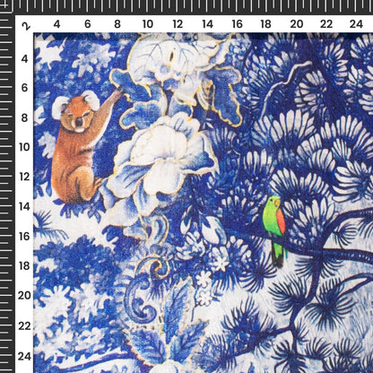 Blue And Off White Forest Pattern Digital Print Silk Satin Fabric