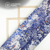 Blue And Off White Forest Pattern Digital Print Silk Satin Fabric