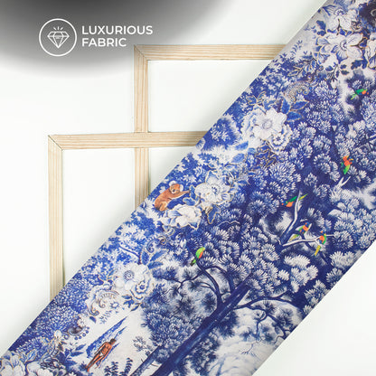 Blue And Off White Forest Pattern Digital Print Silk Satin Fabric