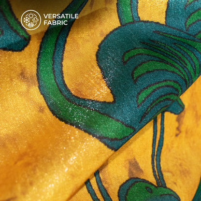 Yellow And Steel Blue Bird Pattern Digital Print Silk Satin Fabric