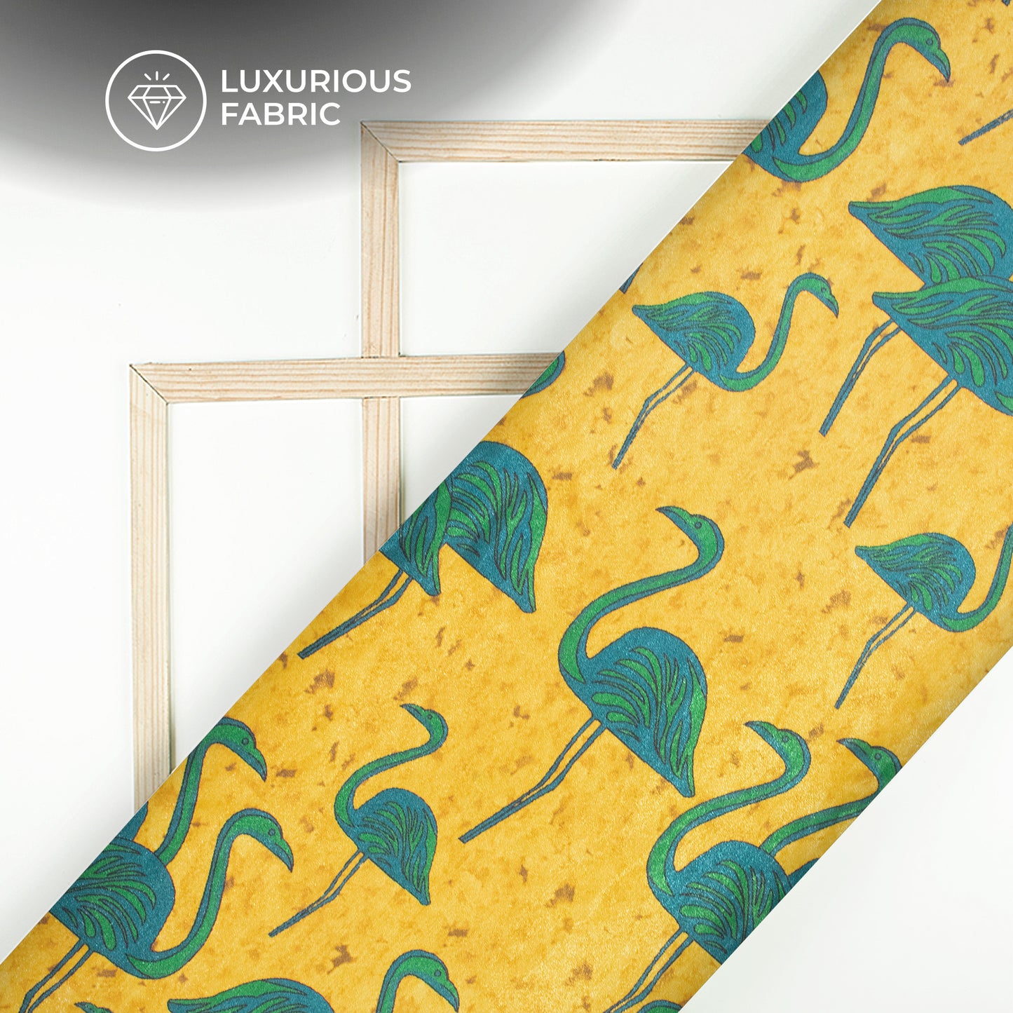 Yellow And Steel Blue Bird Pattern Digital Print Silk Satin Fabric