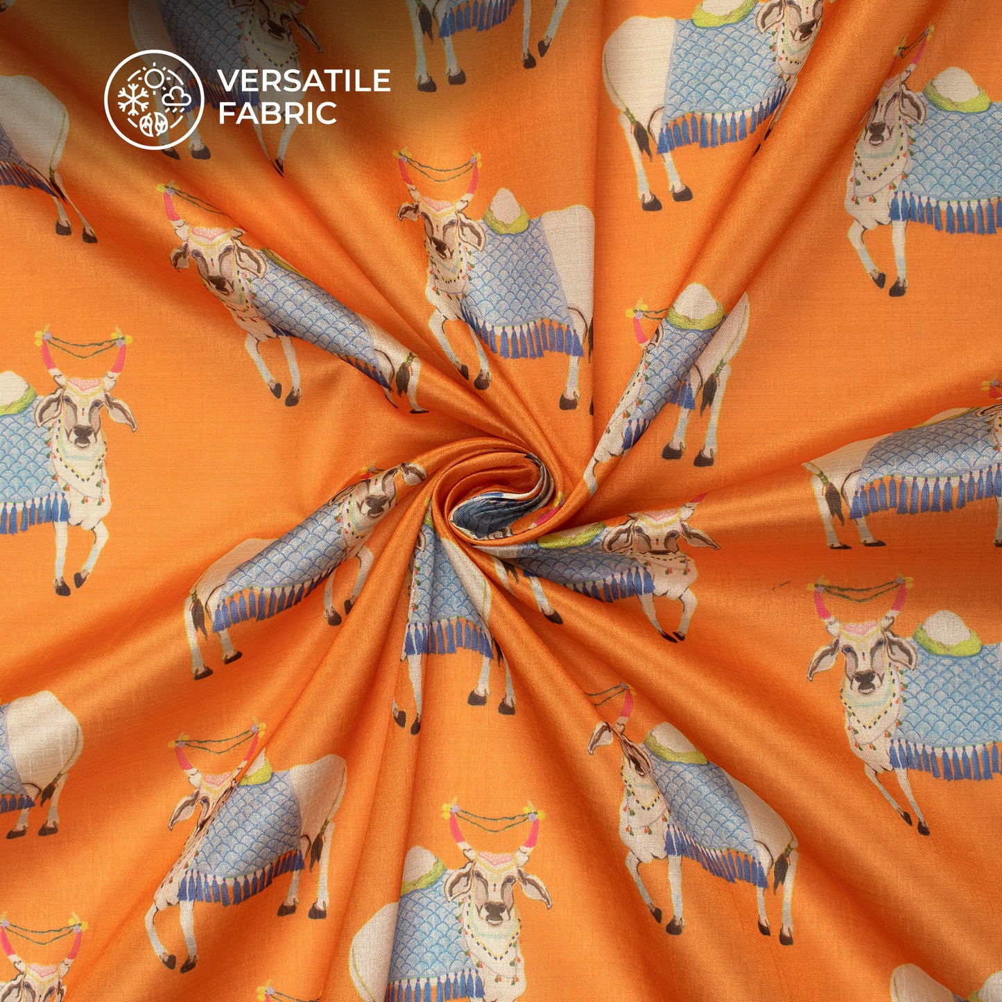 Orange Pichwaii Pattern Digital Print Chiku Flat Slik Fabric