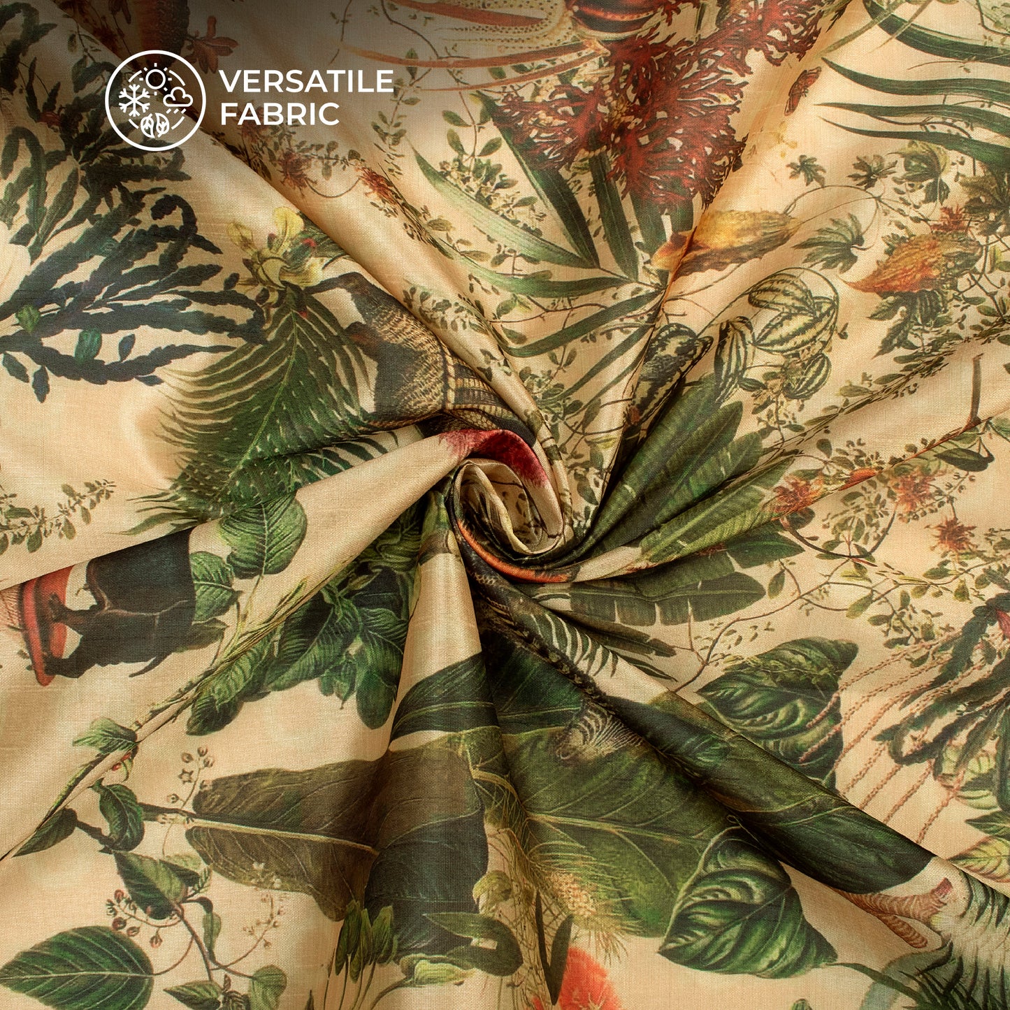 Creamy And Green Quirky Pattern Digital Print Chiku Flat Slik Fabric ...