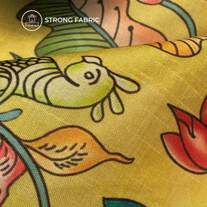 Yellow Kalamkrii Patten Digital Print Chiku Flat Slik Fabric