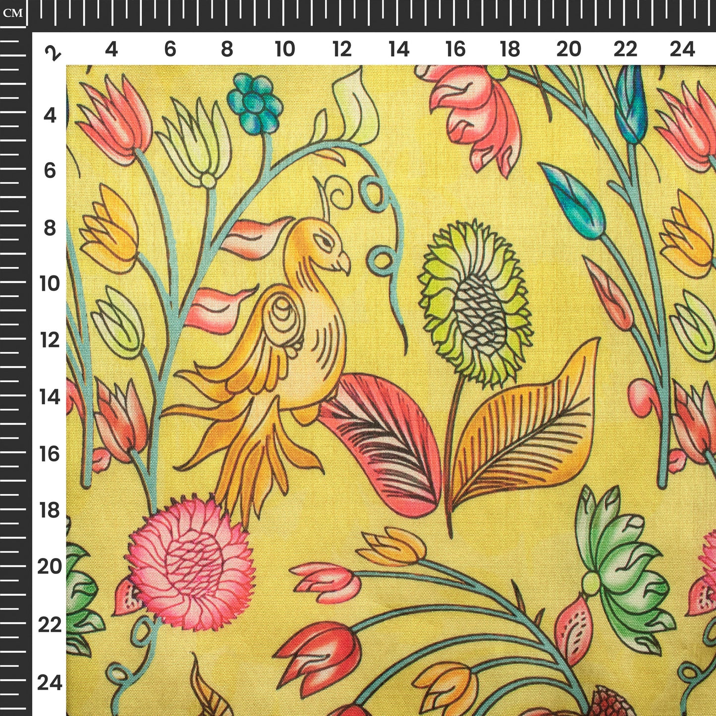 Yellow Kalamkari Patten Digital Print Chiku Flat Slik Fabric