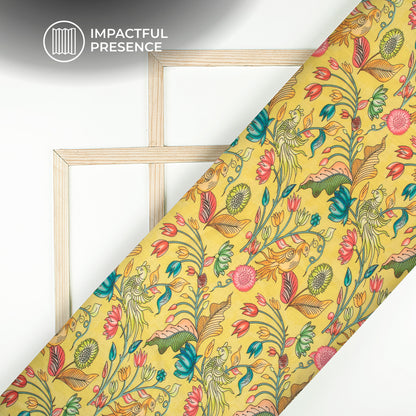 Yellow Kalamkrii Patten Digital Print Chiku Flat Slik Fabric