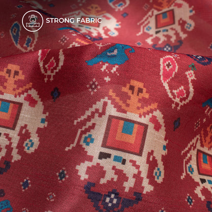 Burgundy And Off White Patolaa Pattern Digital Print Chiku Flat Slik Fabric