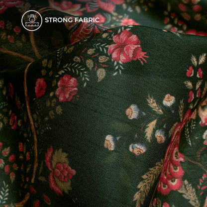 Dark Green and Pink Floral Pattern Digital Print Chiku Flat Slik Fabric