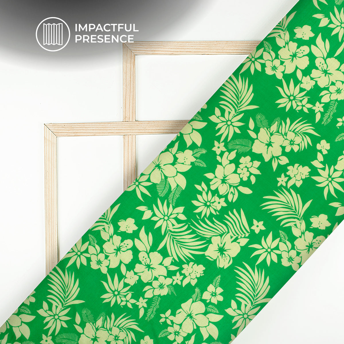 Green And Light Green Floral Pattern Digital Print Chiku Flat Slik Fabric