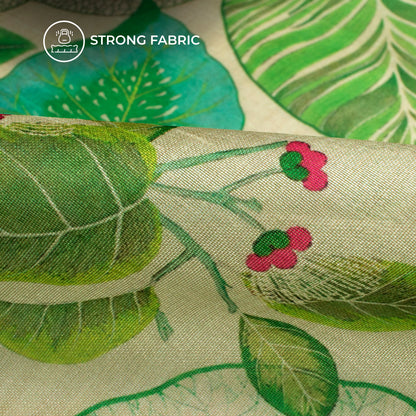 Jasmine White And Green Leaf Pattern Digital Print Chiku Flat Silk Fabric