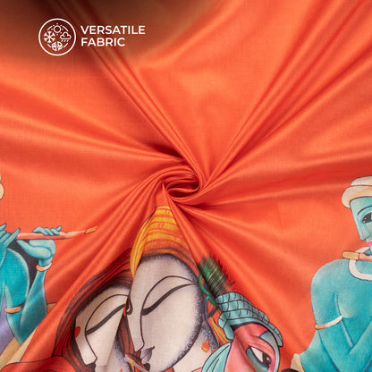 Orange And Sky Blue Madhuvanii Patten Digital Print Chiku Flat Slik Fabric