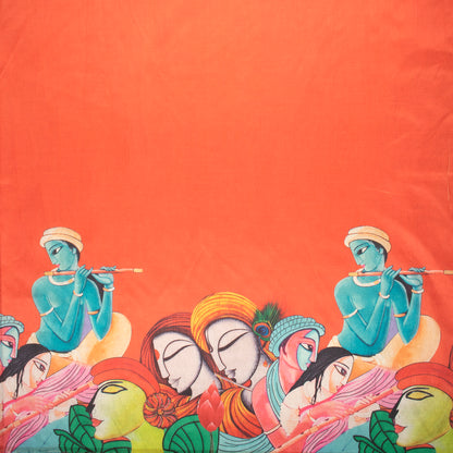 Orange And Sky Blue Madhuvanii Patten Digital Print Chiku Flat Slik Fabric