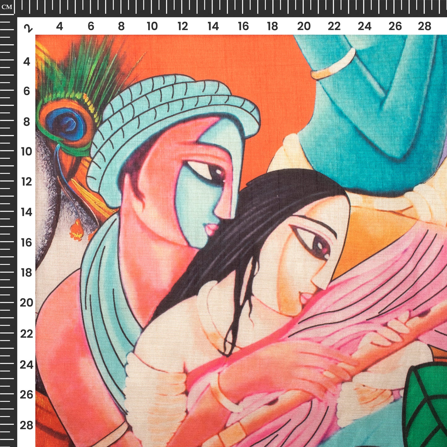 Orange And Sky Blue Madhubani Patten Digital Print Chiku Flat Slik Fabric
