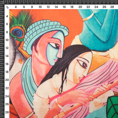 Orange And Sky Blue Madhuvanii Patten Digital Print Chiku Flat Slik Fabric