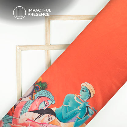 Orange And Sky Blue Madhuvanii Patten Digital Print Chiku Flat Slik Fabric