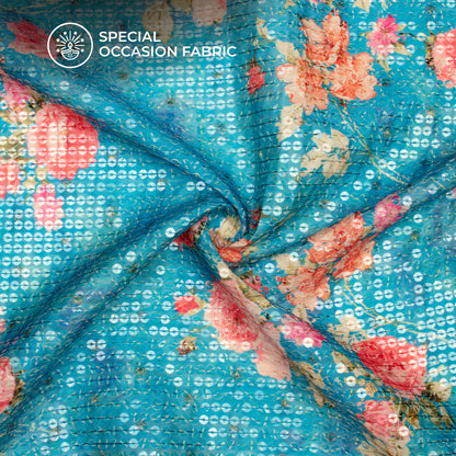 Sky Blue And Pink Floral Pattaern Digital Print Chanderi Water Sequins Fabric