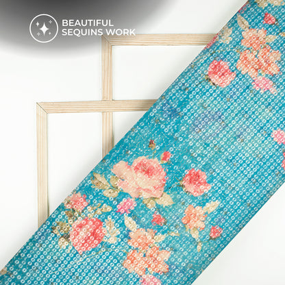Sky Blue And Pink Floral Pattaern Digital Print Chanderi Water Sequins Fabric