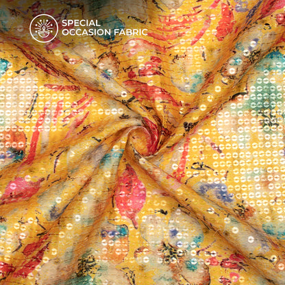 Yellow And Pink Floral Pattaern Digital Print Chanderi Water Sequins Fabric