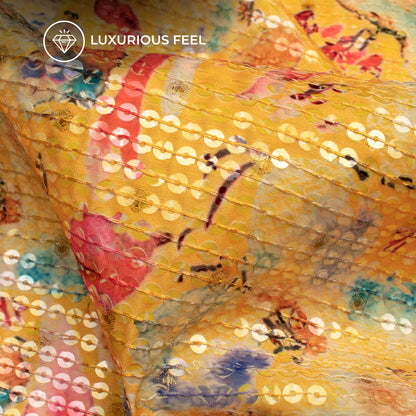 Yellow And Pink Floral Pattaern Digital Print Chanderi Water Sequins Fabric