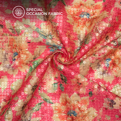 Pink And Green Floral Pattaern Digital Print Chanderi Water Sequins Fabric
