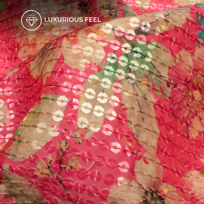 Pink And Green Floral Pattaern Digital Print Chanderi Water Sequins Fabric