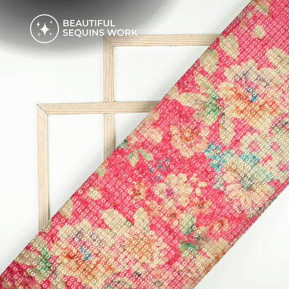 Pink And Green Floral Pattaern Digital Print Chanderi Water Sequins Fabric
