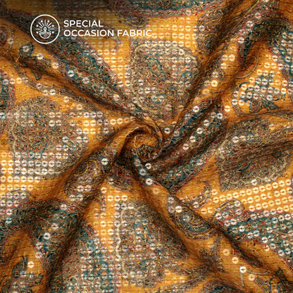 Dijon Yellow And Sacramento Green Paisley Pattaern Digital Print Chanderi Water Sequins Fabric
