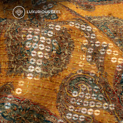 Dijon Yellow And Sacramento Green Paisley Pattaern Digital Print Chanderi Water Sequins Fabric