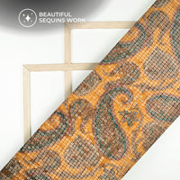Dijon Yellow And Sacramento Green Paisley Pattaern Digital Print Chanderi Water Sequins Fabric
