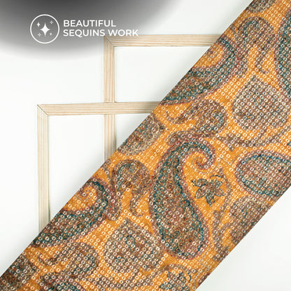 Dijon Yellow And Sacramento Green Paisley Pattaern Digital Print Chanderi Water Sequins Fabric