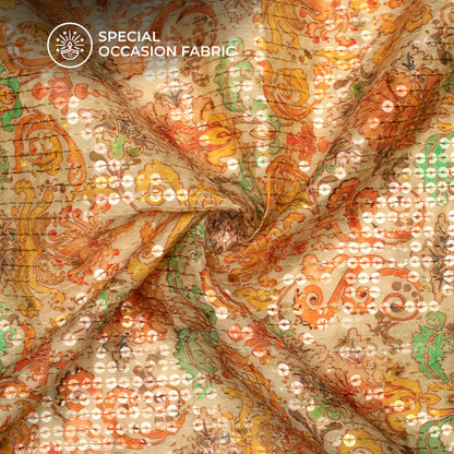 Cream And Orange Ethnic Pattaern Digital Print Chanderi Water Sequins Fabric