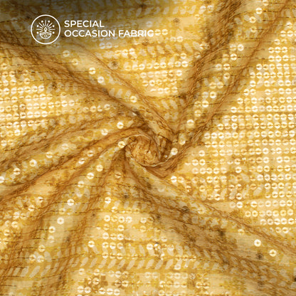 Yellow And Cream Stripes Pattaern Digital Print Chanderi Water Sequins Fabric