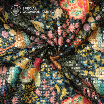 Black And Pink Quirky Digital Print Chanderi Water Sequins Fabric
