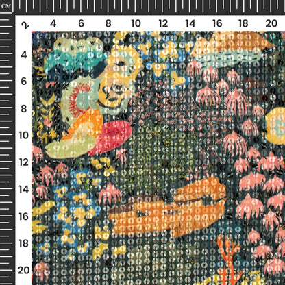 Black And Pink Quirky Digital Print Chanderi Water Sequins Fabric