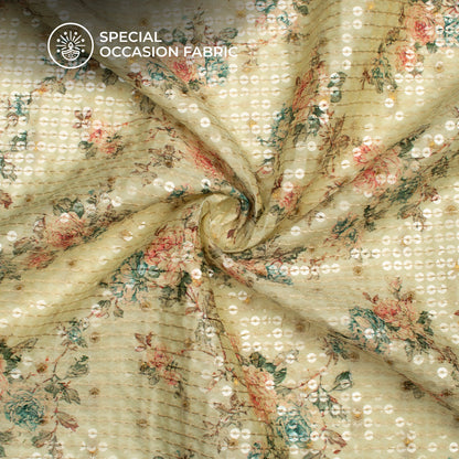 Green And Pink Floral Pattaern Digital Print Chanderi Water Sequins Fabric