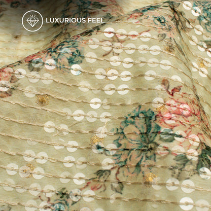 Green And Pink Floral Pattaern Digital Print Chanderi Water Sequins Fabric