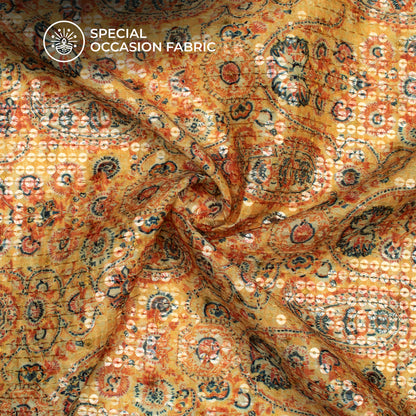 Yellow And Oranga Paisley Pattaern Digital Print Chanderi Water Sequins Fabric