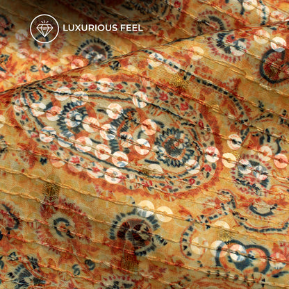 Yellow And Oranga Paisley Pattaern Digital Print Chanderi Water Sequins Fabric