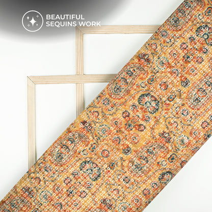 Yellow And Oranga Paisley Pattaern Digital Print Chanderi Water Sequins Fabric