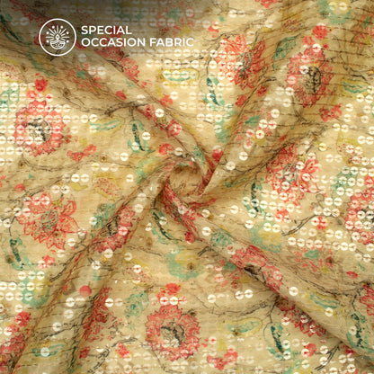Pink And Green Floral Pattaern Digital Print Chanderi Water Sequins Fabric