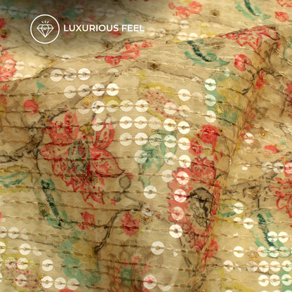 Pink And Green Floral Pattaern Digital Print Chanderi Water Sequins Fabric