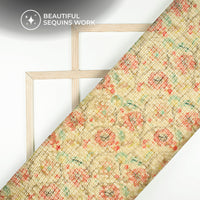 Pink And Green Floral Pattaern Digital Print Chanderi Water Sequins Fabric
