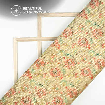Pink And Green Floral Pattaern Digital Print Chanderi Water Sequins Fabric