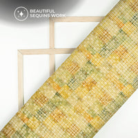 Yellow And Green Checks Pattaern Digital Print Chanderi Water Sequins Fabric