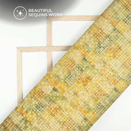 Yellow And Green Checks Pattaern Digital Print Chanderi Water Sequins Fabric