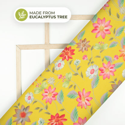 Lemon Yellow Floral Printed Sustainable Eucalyptus Fabric