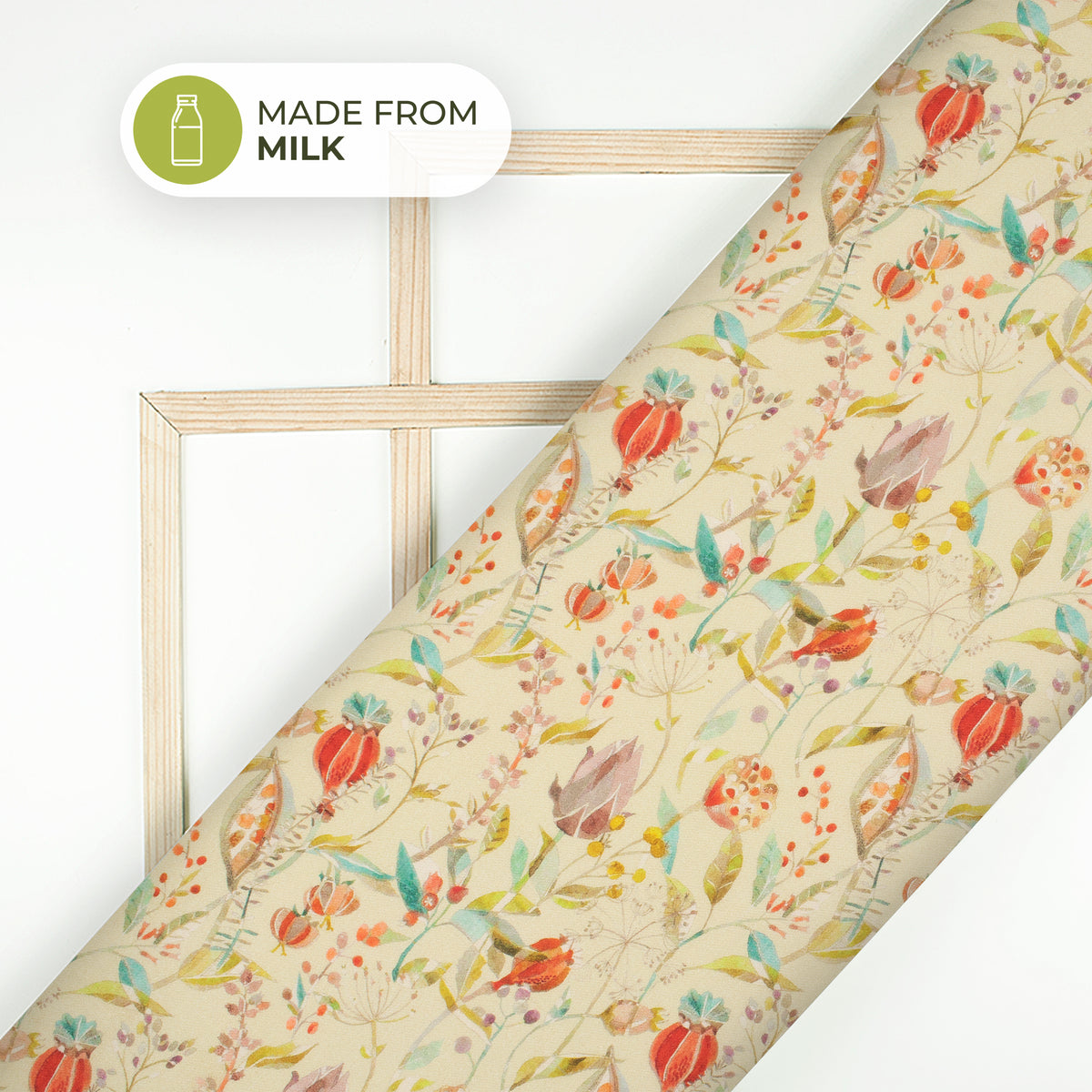 Beige Floral Printed Sustainable Milk Fabric