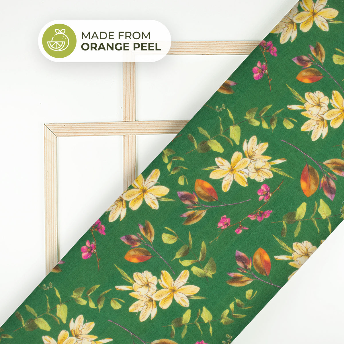 Dark Green Floral Printed Sustainable Orange Fabric